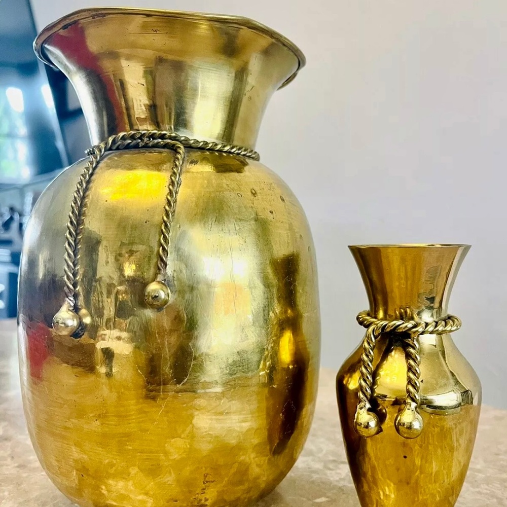 Vintage Hollywood Regency Solid Brass Vases Pair Set